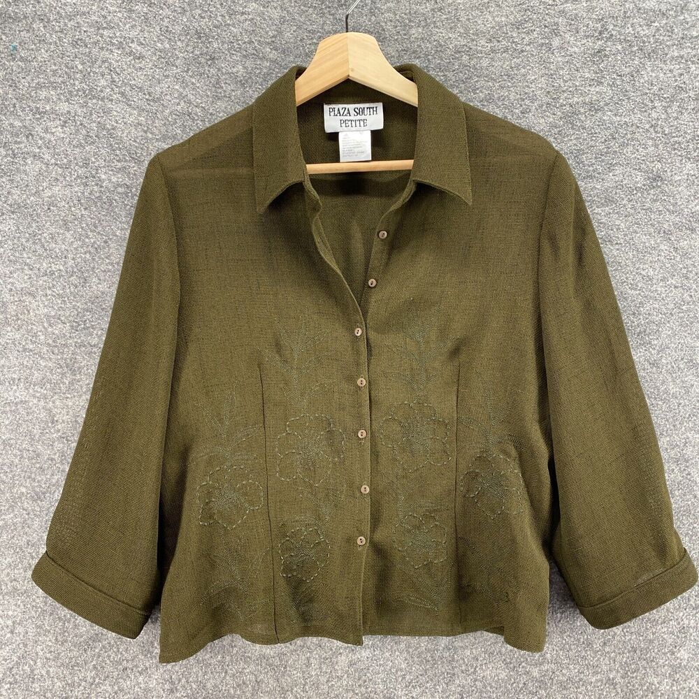 Plaza South Shirt Women 10P Petite Green Button Up Collared Long Sleeve Casual